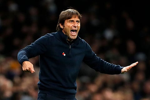 Tottenham Hotspur's Italian head coach Antonio Conte gestures on the touchline during the English Premier League football match against Liverpool at Tottenham Hotspur Stadium in London.