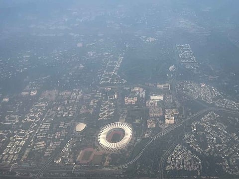 An aerial view of residential buildings shrouded in smog in New Delhi