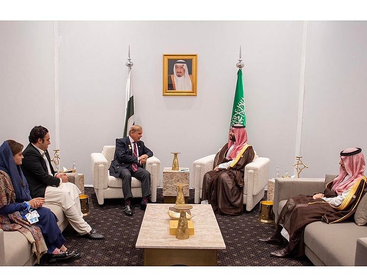 Saudi Crown Prince Mohammad bin Salman meets Pakistan Prime Minister Shehbaz Sharif on the sidelines of second edition of the Middle East Green Initiative Summit in Sharm Al Sheikh, Egypt, on November 7, 2022.  