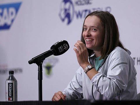 Iga Swiatek of Poland speaks to the media during a press conference in Fort Worth, Texas. The Pole finished No 1 in the season-ending rankings.