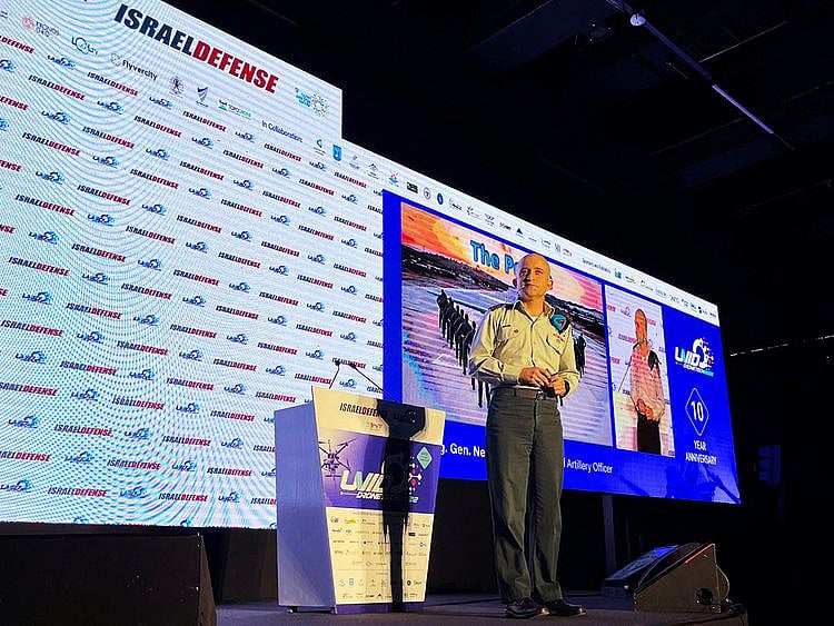  Israeli Brigadier-General Neri Horowitz, chief of Israel's artillery corps, addresses a drone conference in Tel Aviv, on November 9, 2022.  