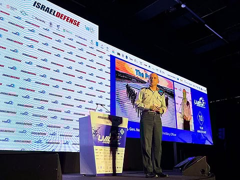  Israeli Brigadier-General Neri Horowitz, chief of Israel's artillery corps, addresses a drone conference in Tel Aviv, on November 9, 2022.  