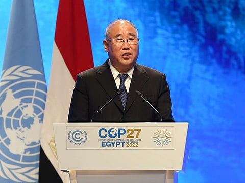 Xie Zhenhua, China's special envoy for climate change, delivers a national statement at the COP27 climate conference at the Sharm Al Sheikh International Convention Centre on Tuesday.