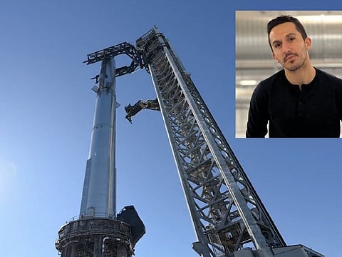 A linked in profile photo of Omead Afshar (inset). Startship's launch and catch tower at Starbase. The rocket's "Super Heavy" booster would return to land, while the orbital Starship spacecraft would re-enter Earth's atmosphere roughly 90 minutes later to splashdown dozens of miles off a Hawaiian coast, according to regulatory documents SpaceX filed last year.