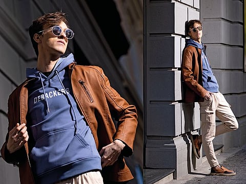 PU jacket Dh119, Hooded long sleeve sweatshirt Dh89, Woven jogger Dh89, John Louis men's casual shoes Dh99