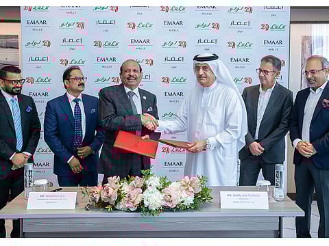 Jamal Bin Thaniah, Chairman of Emaar Properties, and Yusuff Ali MA, Chairman and Managing Director of Lulu Group International, at the signing ceremony.