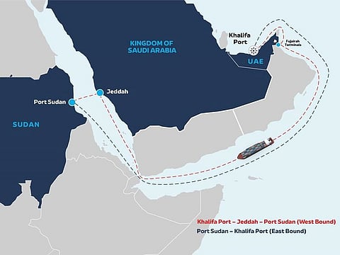 Khalifa Port will serve as a main transit hub, while the addition of Fujairah Terminals will provide a much-needed stop on the UAE’s east coast, reducing the need for cargo to be transferred by road [A map depicting the route of the new UAE-Red Sea service launched by SAFEEN Feeders]