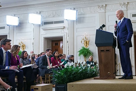 US President Joe Biden responds to a question from a reporter during a press conference a day after the US midterm elections, from the State Dining Room of the White House in Washington, DC, on November 9, 2022. 