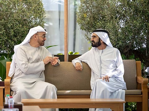 President His Highness Sheikh Mohamed bin Zayed Al Nahyan (left) meets His Highness Sheikh Mohammed bin Rashid Al Maktoum, Vice President and Prime Minister of the UAE and Ruler of Dubai, at Al Marmoum in Dubai
