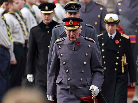 From left: Britain's Prince Edward, Earl of Wessex, Britain's King Charles III, Britain's Prince William, Prince of Wales and Britain's Princess Anne, Princess Royal attend the Remembrance Sunday ceremony at the Cenotaph on Whitehall in central London, on November 13, 2022. 