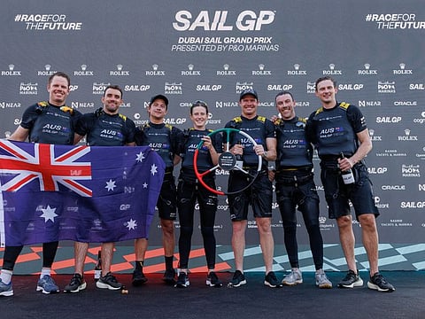 Australia team celebrating their stunning victory in the Dubai Sail Grand Prix on Sunday.