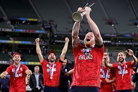 England's Ben Stokes celebrates with the trophy during the ICC men's Twenty20 World Cup 2022 Final between Pakistan and England at Melbourne Cricket Ground (MCG) in Melbourne.