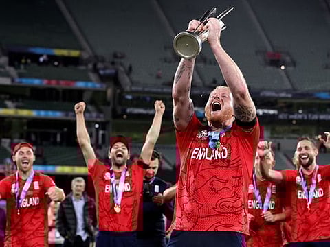 England's Ben Stokes celebrates with the trophy during the ICC men's Twenty20 World Cup 2022 Final between Pakistan and England at Melbourne Cricket Ground (MCG) in Melbourne.