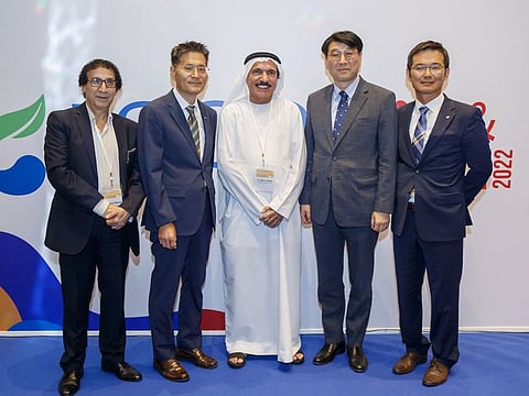 From left: Dr George Masoud; Kimo Yang, Regional President of KOTRA, MENA Head Office, KOTRA; Dr Abdulghaffar Alhawi, Thumbay; Moon Byung-Jun, The Consul General of the Republic of Korea in Dubai