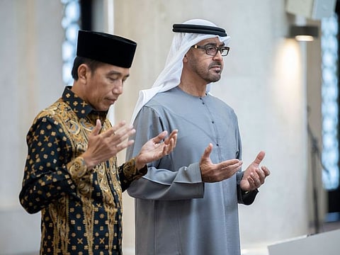 UAE President His Highness Sheikh Mohamed bin Zayed Al Nahyan with President Joko Widodo of Indonesia at the Sheikh Zayed Grand Mosque in Solo.