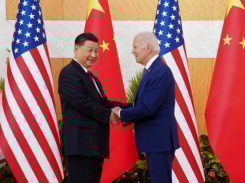 Biden with Xi Jinping on the sidelines of the G20 leaders' summit in Bali, Indonesia, on November 14, 2022.   