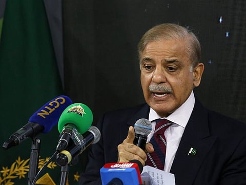 Prime Minister of Pakistan Shehbaz Sharif speaks during a news conference with UN Secretary-General Antonio Guterres at the COP27 UN Climate Summit, on Nov. 7, 2022, in Sharm Al Sheikh, Egypt.  