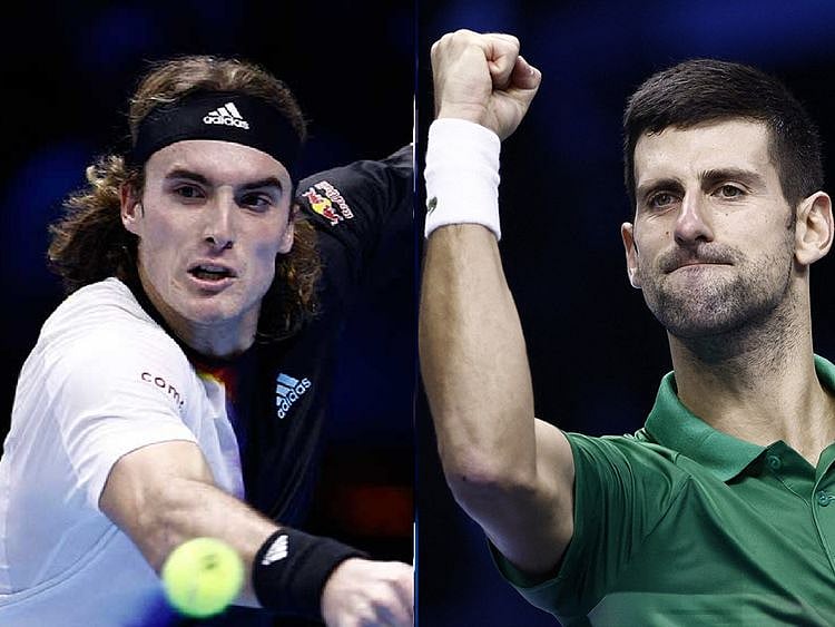 Greece's Stefanos Tsitsipas in action during his group stage match against Serbia's Novak Djokovic 