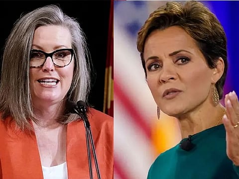 Democrat Katie Hobbs, left, was elected Arizona governor on Monday, defeating Kari Lake, an ally of Donald Trump who falsely claimed the 2020 election was rigged and refused to say she would accept the results of her race this year. 