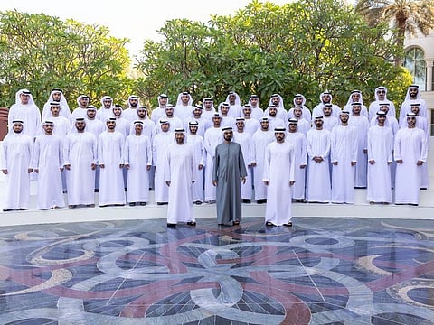 His Highness Sheikh Mohammed bin Rashid Al Maktoum, Vice President and Prime Minister of the UAE and Ruler of Dubai, with the students at Zabeel Palace in Dubai on Tuesday
