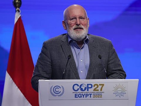EU Executive Prime Minister Frans Timmermans delivers a speech at the Sharm Al Sheikh International Convention Centre, in Egypt's Red Sea resort city of the same name, during the COP27 climate conference on November 15, 2022. 