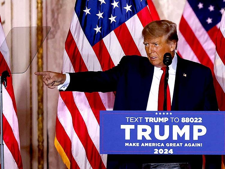 Former US President Donald Trump speaks at the Mar-a-Lago Club in Palm Beach, Florida, on November 15, 2022. - Donald Trump pulled the trigger on a third White House run on November 15, setting the stage for a bruising Republican nomination battle after a poor midterm election showing by his hand-picked candidates weakened his grip on the party. Trump filed his official candidacy papers with the US election authority moments before he was due to publicly announce his candidacy. 