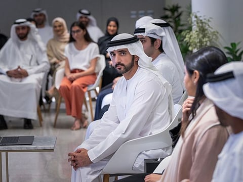 Sheikh Hamdan bin Mohammed during his meeting with Dubai’s top-performing high school students in Emirates Towers on Thursday.