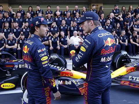 Red Bull's Max Verstappen and Sergio Perez before the team photo ahead of the Etihad Airways Abu Dhabi Grand Prix at Yas Marina Circuit on Thursday.