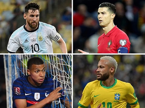 Clockwise from top-left: Lionel Messi, Cristiano Ronaldo, Neymar and Kylian Mbappe.