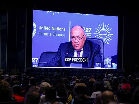 Egyptian Foreign Minister and Egypt's COP27 President Sameh Shoukry attends an informal stocktaking session during the COP27 climate summit, in Sharm Al Sheikh, on  November 18, 2022.  