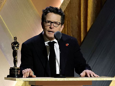 Michael J. Fox accepts the Jean Hersholt Humanitarian Award during the Academy of Motion Picture Arts and Sciences 13th Governors Awards at Fairmont Century Plaza
