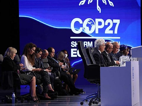 Egypt's Foreign Minister Sameh Shukri, heads the closing session of the COP27 climate conference, at the Sharm Al Sheikh International Convention Centre in Egypt's Red Sea resort city of the same name, on November 20, 2022.  
