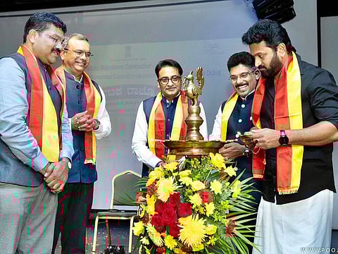 Writer, director and hero of Indian blockbuster movie Kantara Rishab Shetty (extreme right) with Jitendra Vaidya and others at the Kannada Rajyotsava celebration held at the Indian Consulate in Dubai on Saturday.