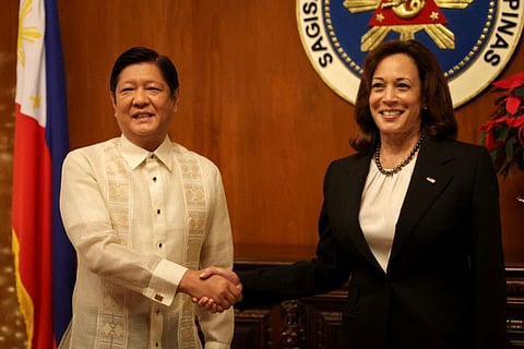 US Vice-President Kamala Harris shakes hands with Philippines President Ferdinand "Bongbong" Marcos Jr at the Malacanang presidential palace in Manila, Philippines, November 21, 2022.