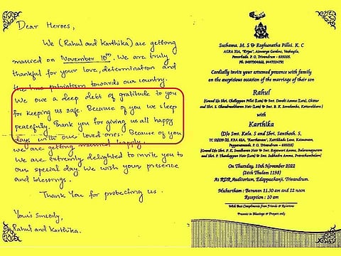 A Kerala couple's handwritten invitation to the Army to attend their wedding.