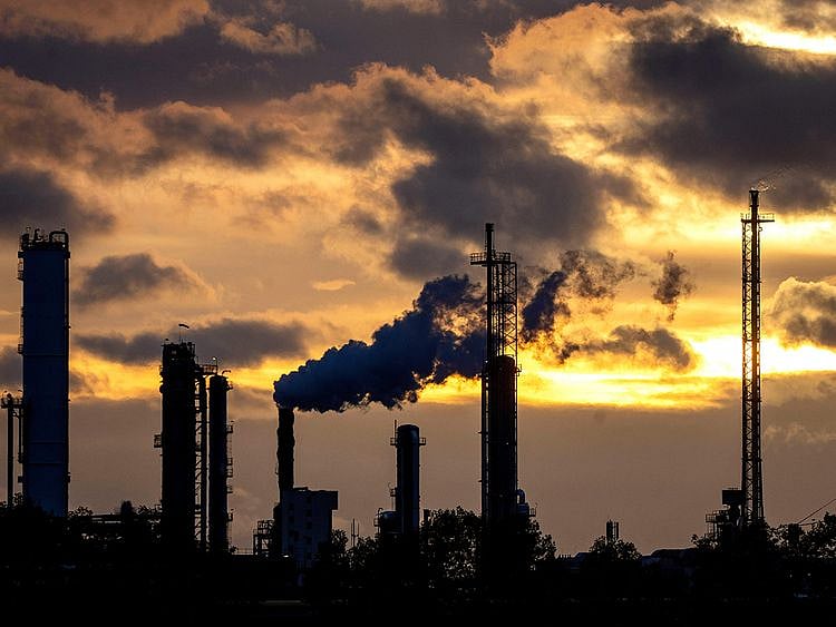 Pollution rises from the BASF chemical plant in Ludwigshafen, Germany. 