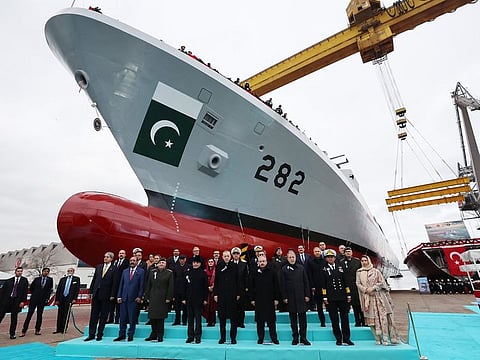 Pakistan Prime Minister Shehbaz Sharif and Turkish President Recep Tayyip Erdogan at the launch of PNS Khaibar in Istanbul on Friday, November 25, 2022.  