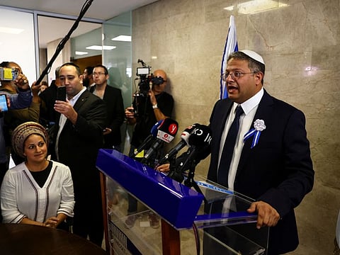 Israeli ultranationalist lawmaker Itamar Ben-Gvir speaks to members of the media on the day of the inauguration of the 25th Knesset, Israel's parliament, in Jerusalem November 15, 2022. 