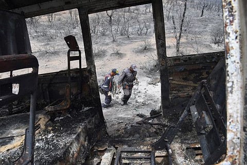 In this file photo taken on August 18, 2022, Algerian firefighters walk next to a charred bus in which at least 12 people were reportedly burnt to death following raging fires in Algeria's city of Al Kala.  