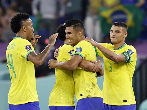 Brazil's Marquinhos, Casemiro, Eder Militao and Thiago Silva celebrate after the win over Switzerland during the FIFA World Cup Qatar 2022 Group G match at Stadium 974, Doha, Qatar.