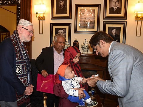 Sindh Chief Minister Syed Murad Ali Shah, along with Chairman of Polio Oversight Board, Dr Christopher Elias, administer polio drops at CM House to kick off new polio vaccination campaign.