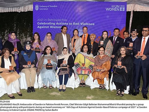 A group photo of the award-recipients with Ambassador of Sweden Henrik Persson, Chief Minister Gilgit Baltistan Khalid Khurshid Khan and UN Women’s Country Representative Sharmeela Rasool at the Swedish Ambassador’s residence.