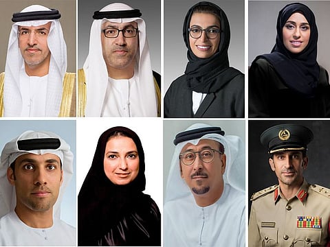 UAE top officials pledge their allegiance and loyalty to the leadership to continue to contribute to the growth of the country. From top left clockwise: Dr Mugheer Khamis Al Khaili, Abdulrahman bin Mohamed Al Owais, Noura bint Mohammed Al Kaabi, Hessa bin Esaa Buhumaid, Lieutenant General Abdullah Khalifa Al Marri, Dawoud Al Hajri, Dr Nawal Al-Hosany and Salem Humaid AlMarri, , 