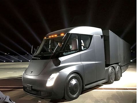Tesla's new electric semi truck is unveiled during a presentation in Hawthorne, California, U.S., November 16, 2017.