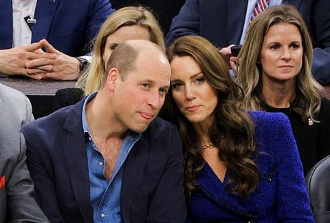 Britain's Prince William, Catherine, Princess of Wales, and wife of Celtics owner Wyc Grousbeck, Emilia Fazzalari, attend the Wednesday night National Basketball Association game between the seventeen-time World Champion Boston Celtics and the Miami Heat at TD Garden in downtown Boston, on November 30, 2022.  