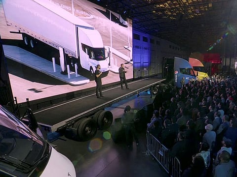 Tesla Chief Executive Elon Musk speaks during the live-streamed unveiling of the Tesla Semi electric truck, in Nevada.