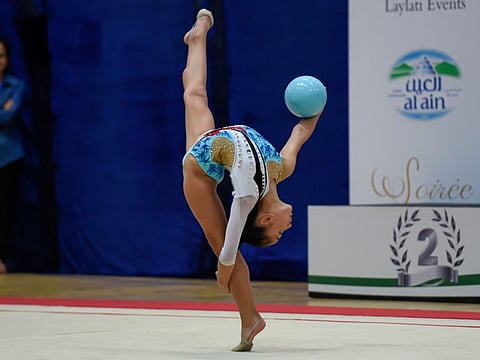 Haifa Niegas of UAE competing in the GCC Grand Series Rhythmic Gymnastics Championship at Al Nasr sport hall. 