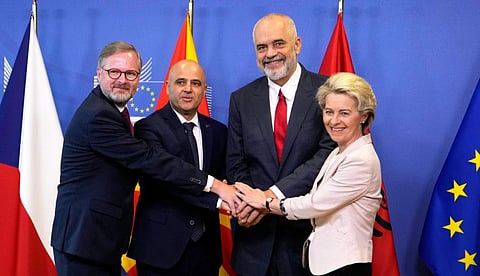 From right, European Commission President Ursula von der Leyen, Albanian Prime Minister Edi Rama, North Macedonia's Prime Minister Dimitar Kovacevski and Czech Republic's Prime Minister Petr Fiala shake hands prior to a meeting at EU headquarters in Brussels, on July 19, 2022.