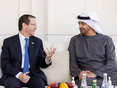 President His Highness Sheikh Mohamed bin Zayed Al Nahyan (right) and Isaac Herzog, President of Israel, at Al Shati Palace in Abu Dhabi