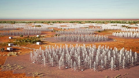 This handout released on December 5, 2022 by Australia's Department of Industry, Science and Resources shows an artist's impression of low-frequency stations forming the Square Kilometre Array (SKA) radio telescope, to be built in Western Australia.